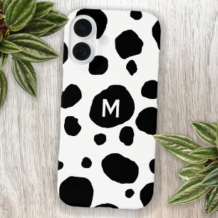 Coques iPhone 16 Vache amusante Imprimer noir et blanc Monogramme i