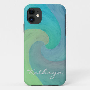 Coque iPhone 11 Vague aquarelle turquoise vert Art personnalisé