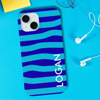 Coque Pour iPhone 15 Vague bleu moderne avec nom personnalisé