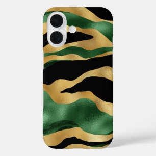 Coques iPhone 16 Vagues de Parties scintillant noire en or vert