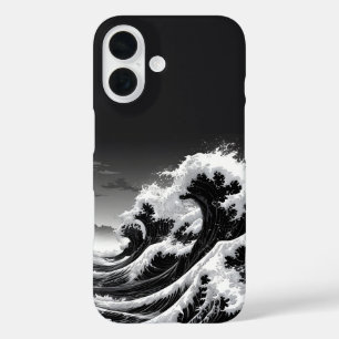 Coques iPhone 16 Vagues de tsunami noir et blanc