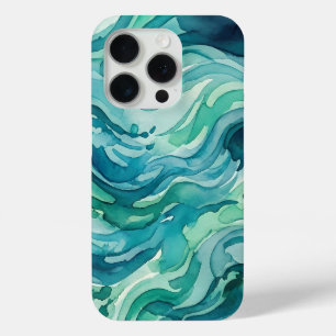 Coque iPhone 15 Pro Vagues océaniques à l'aquarelle sarcelle