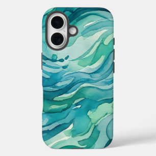 Coques iPhone 16 Vagues océaniques à l'aquarelle sarcelle