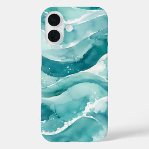 Coques iPhone 16 Vagues océaniques abstraites aquarelle turquoise