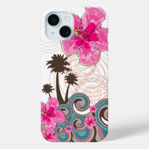 Coque Pour iPhone 15 Vagues tropicales Hibiscus roses chauds Plage Palm