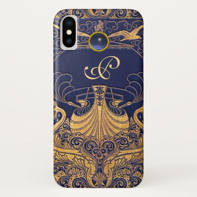 Coques Case-Mate iPhone Vaisseau antique, Dauphins, Or, Monogramme bleu ma (Dos)