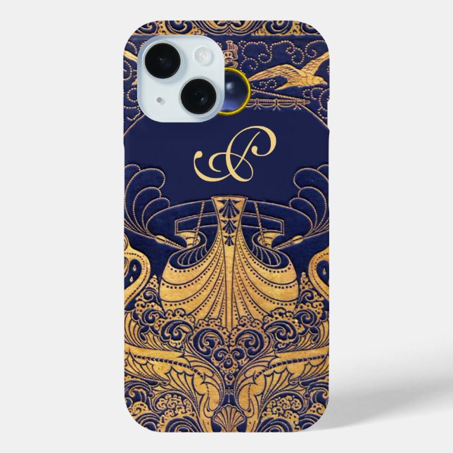Coques Case-Mate iPhone Vaisseau antique, Dauphins, Or, Monogramme bleu ma (Verso)