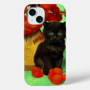 Coque Pour iPhone 15 Van Gogh Black Kitten Fleurs rouges