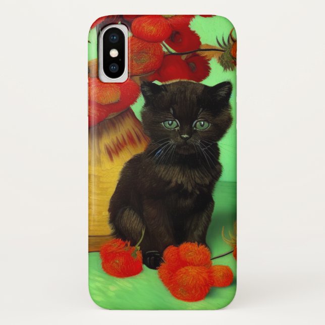 Coques Case-Mate iPhone Van Gogh Black Kitten Fleurs rouges (Dos)