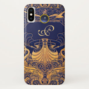 Coques Pour iPhone Vase Antique,Dauphins,Or,Monogramme Bleu Marine