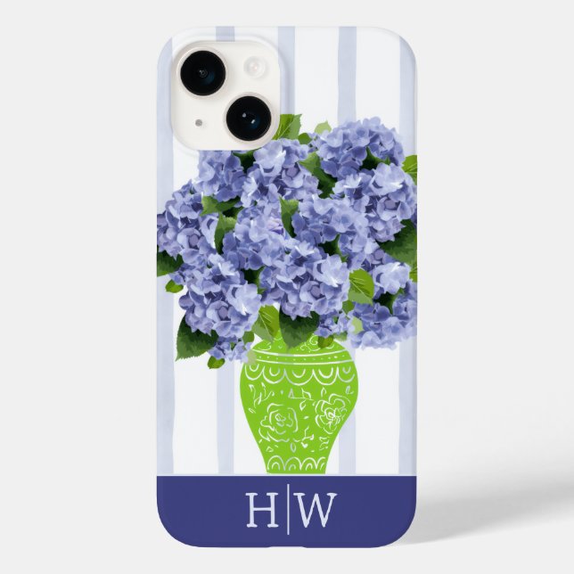 Coques Case-Mate iPhone Vase Hydrangea Bleue Monogramme Rayure Côtière (Verso)