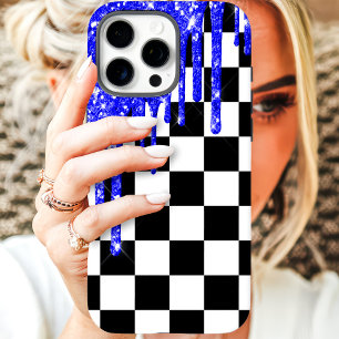 Coques iPhone 16 Pro Max Vérificateur de gouttes en damier pailleté bleu