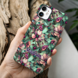 Coques iPhone 16 Verre teinté floral violet menthe