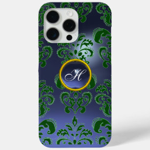 Coque iPhone 15 Pro Max VERT BLEU DAMASK MONOGRAMME EN PIERRE DE GEMME Flo