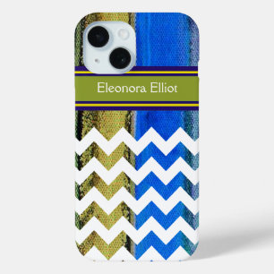Coque Pour iPhone 15 vert bleu Monogramme Chevron Stripes