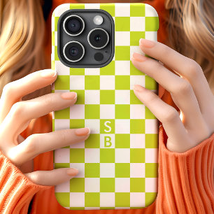 Coque Pour iPhone 15 Vert Citron Motif à Carreaux Rétro Monogramme