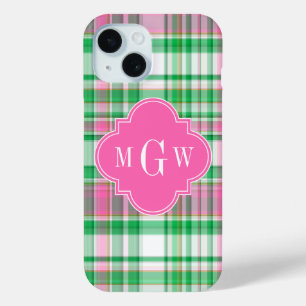 Coque Pour iPhone 15 Vert émeraude rose chaud blanc Madras prépa Monogr