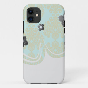 Coques Pour iPhone vert olive et aqua damas de fleur