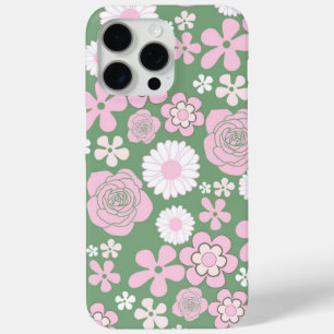 Coque iPhone 15 Pro Max Vert rose blanc rétro Y2K les années 70 Fleur Moti