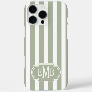 Coques iPhone 16 Pro Max Vert sauge et rayures monogrammées blanches