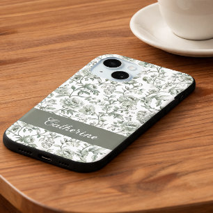 Coque Pour iPhone 15 Vert sauge floral toile vintage monogramme