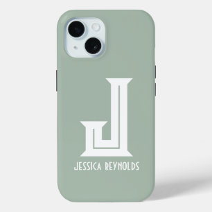 Coque Pour iPhone 15 Vert Sauge Monogramme Minimaliste
