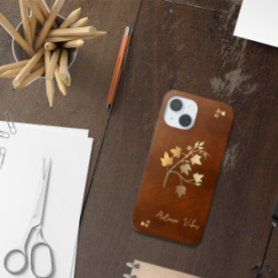 Coque Pour iPhone 15 Vibes d'automne branche de vigne dorée cuir marron
