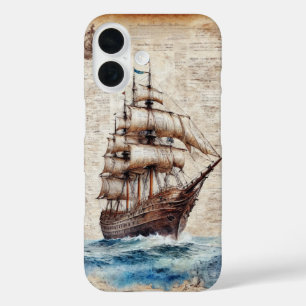Coques iPhone 16 Vieux navire dans l'océan sur parchemin