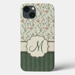 Etui iPhone 13 Vignes florales, rayures et monogramme d'aquarelle