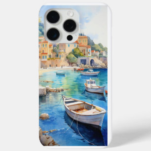 Coque iPhone 15 Pro Max Village côtier méditerranéen avec bateaux - Balnéa