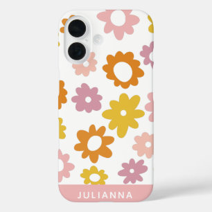 Coques iPhone 16 Vintage des années 1970 Motif de fleurs rose perso