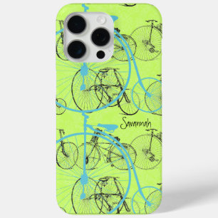 Coque iPhone 15 Pro Max Vintage fille Yellow Lime Aqua Vélo Damask