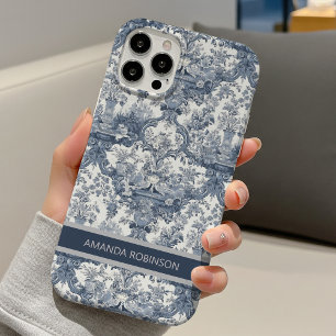 Coques iPhone 16 Vintage floral damas bleu toile de Jouy monogramme