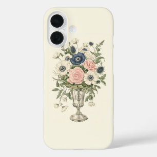 Coques iPhone 16 Vintage ivoire rose bleu mauve fleurs vertes