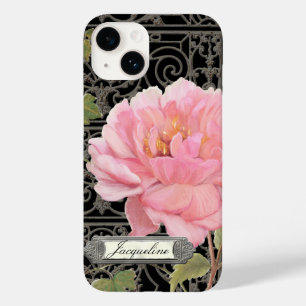 Coques Pour iPhone Vintage noir rose élégante florale de Peony