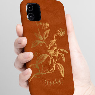 Coques iPhone 16 Vintage or floral brûlé orange nom personnalisé
