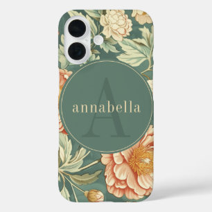 Coques iPhone 16 Vintage Sage Floral William Morris Monogramme