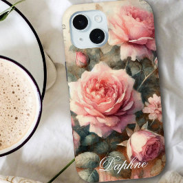 Coque Pour iPhone 15 Vintage Shabby Chic Pastel Rose Rose Nom personnal
