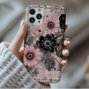 Coques iPhone 16 Pro Max Vintage Steampunk Boho rose et noir Floral