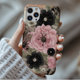 Coques iPhone 16 Pro Max Vintage Steampunk Boho rose et noir Floral