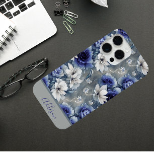 Coque iPhone 15 Pro Max Vintages Roses floraux et Lys   Bleu et blanc