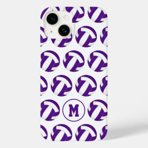 Coque Pour iPhone 14 violet blanc volleyballs motif avec son monogramme