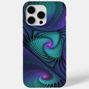 Coque iPhone 15 Pro Max Violet Rencontre Turquoise Art Fractal Abstrait Mo