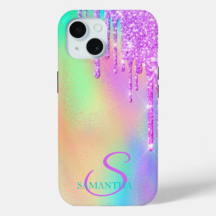 Coque Pour iPhone 15 Violet tendance paillettes holographiques arc-en-c