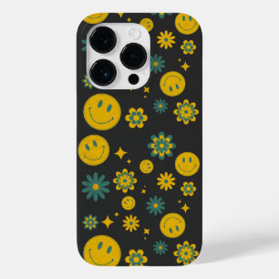Coque Pour iPhone 14 Pro visage souriant drôle et fleurs funky