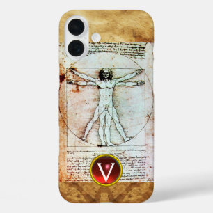 Coques iPhone 16 Plus VITRUVIAN MAN Parchemin antique Rouge Ruby Monogra