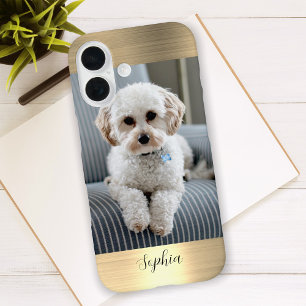 Coques iPhone 16 Votre Photo, Faux Gold Metal & Script Nom