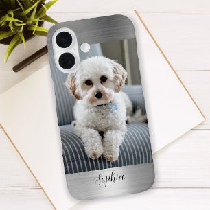 Coques iPhone 16 Votre Photo, Faux Silver Metal & Script Nom