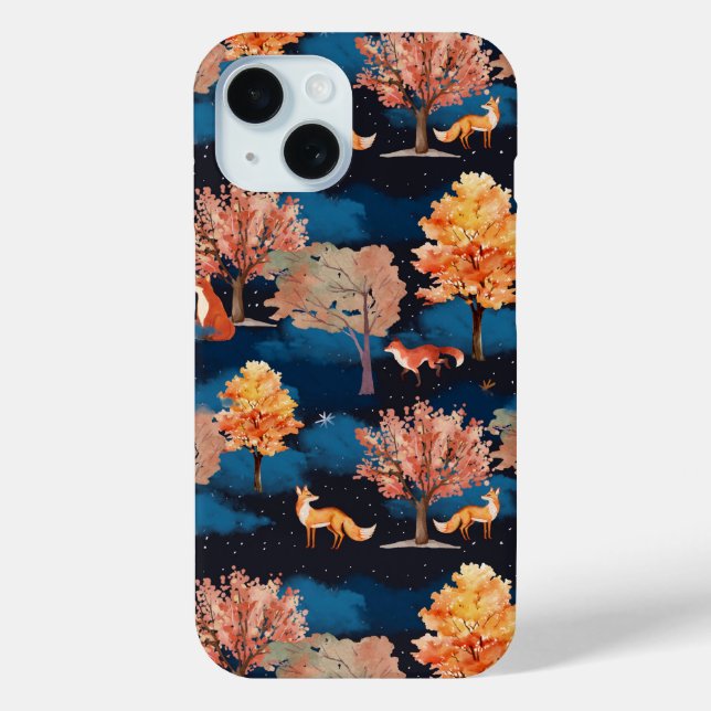 Coques Case-Mate iPhone Whimsical Autumn Fox Night Forest Seamless Pattern (Verso)