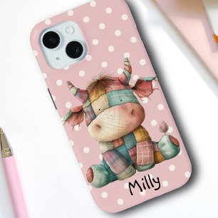 Coque Pour iPhone 15 Whimsstel Pastel Patchwork Cow Ajouter Nom personn